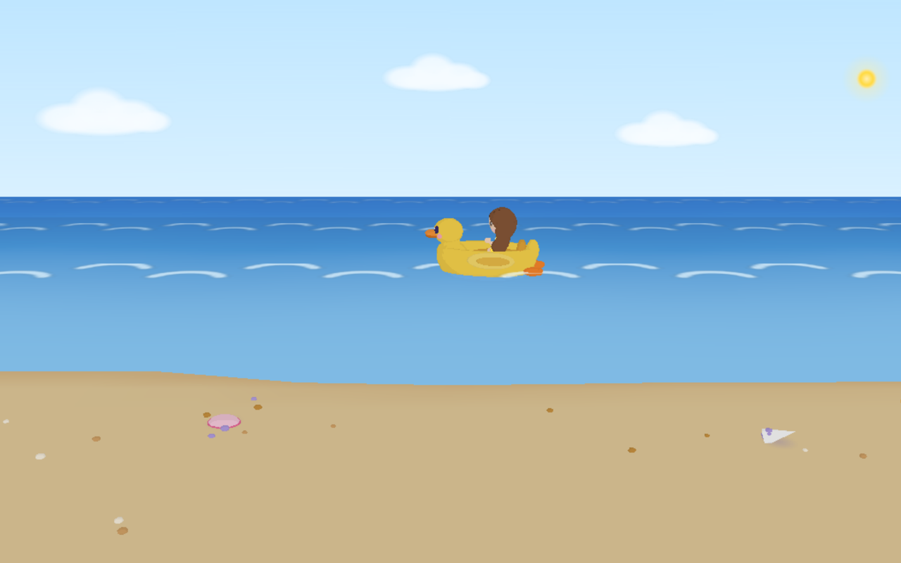Screenshot: Lily riding the yellow duck boat on the blue sea in the 3D beach scene, wake trailing behind.