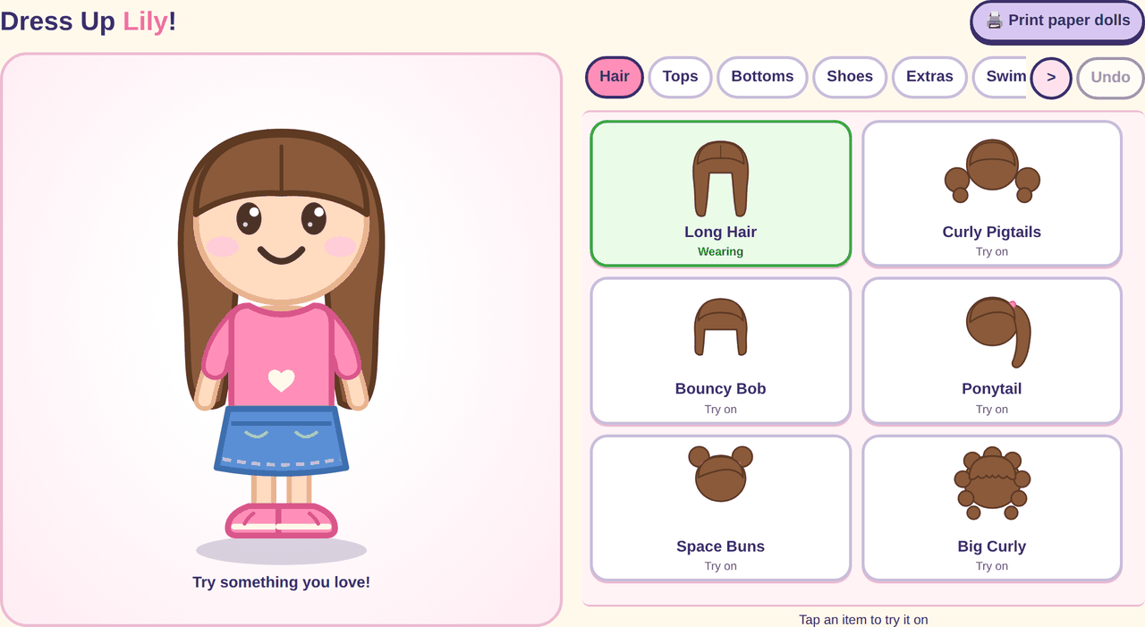 Screenshot: the wardrobe room with a grid of clothing choices — hairstyle, tops, bottoms, shoes and swimsuits — and Lily standing on the fitting stage.