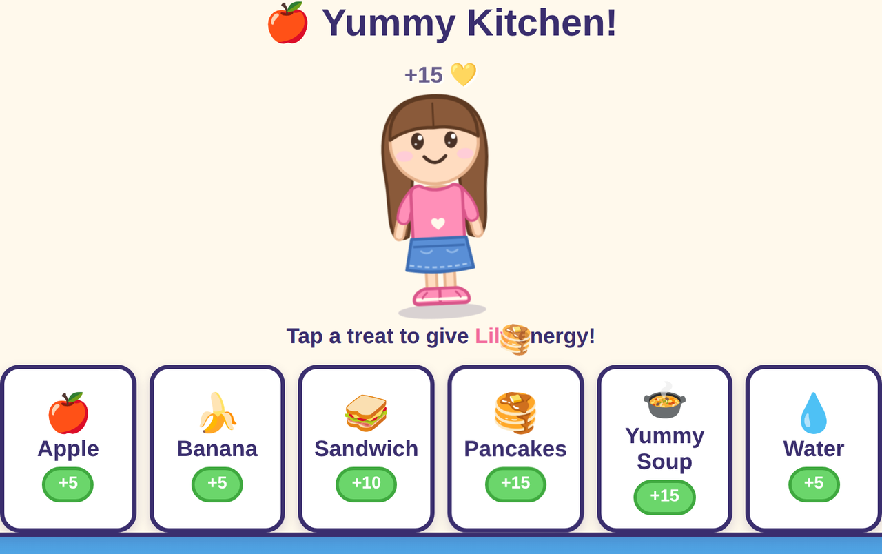 Screenshot: the kitchen screen with big food buttons — apple, banana, sandwich, pancakes, soup, juice and more — and Lily waiting to be served.