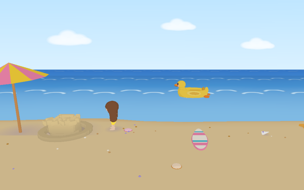 Screenshot: the finished sandcastle with towers and a flag standing on the sand beside the beach umbrella, seen from the game's main view.