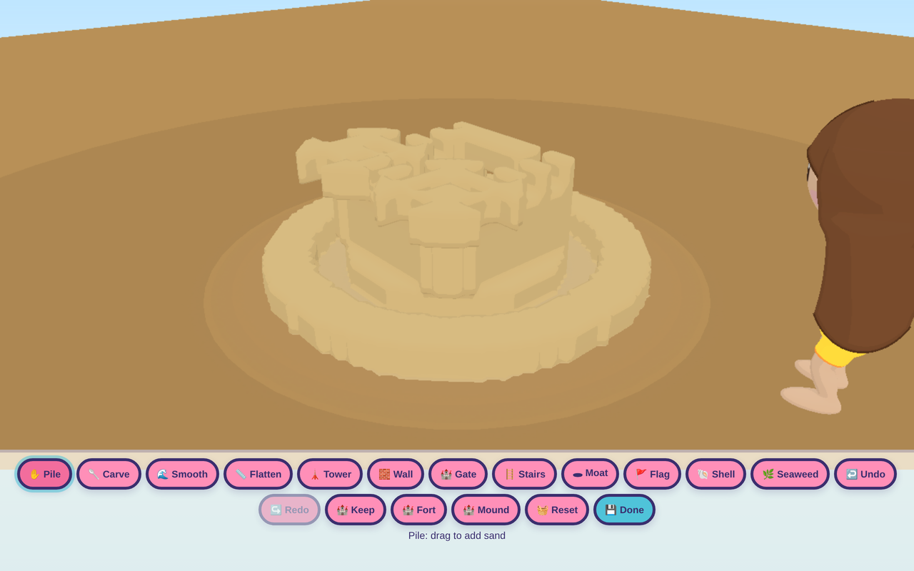 Screenshot: the sand-castle builder with a sandcastle being sculpted on its plot, a row of round tool buttons below — pile, carve, tower, wall, flag — and a toolbar of tools.