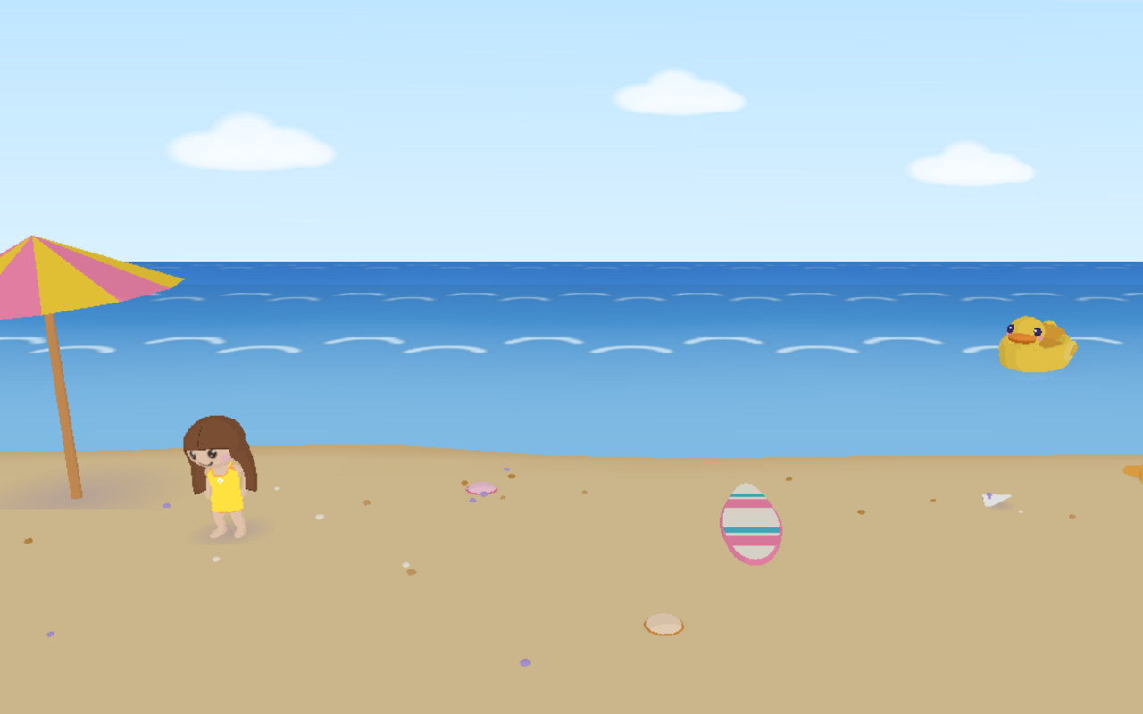 Screenshot from the game: Lily the little girl stands on the sandy 3D beach next to a pink-and-yellow beach umbrella, with the blue sea and sky behind her.
